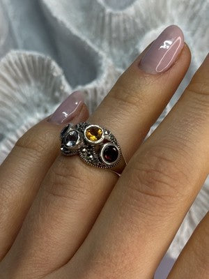 925 Sterling Silver Garnet, Citrine, Topaz, Amethyst & Marcasite Ring Size 5.5