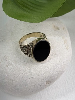 Men's 925 Sterling Silver Gold Plated Black Onyx Ring Size 9