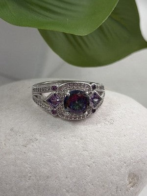 925 Sterling Silver Mystic Topaz & Amethyst & Beryl Ring Size 8