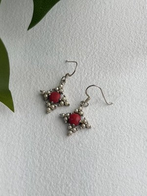 Vintage 925 Sterling Silver Red Coral & Pearls Dangle Earrings
