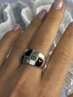 925 Sterling Silver Onyx Abalone Marcasite Ring Size 8