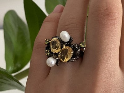 925 Sterling Blackened Silver Citrine, Peridot and Pearls Ring Size 7
