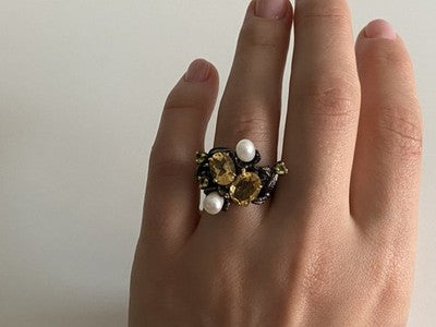 925 Sterling Blackened Silver Citrine, Peridot and Pearls Ring Size 7