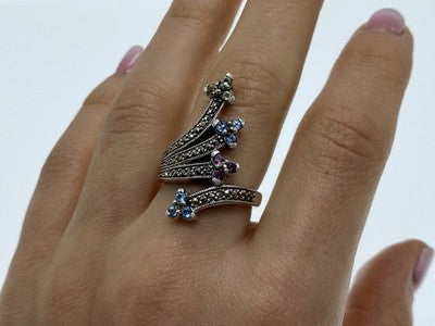 925 Sterling Silver Peridot, Topaz, Spinel & Marcasites Ring Size 6