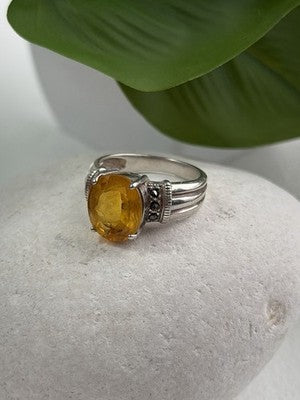 925 Sterling Silver Citrine & Marcasite Ring Size 8