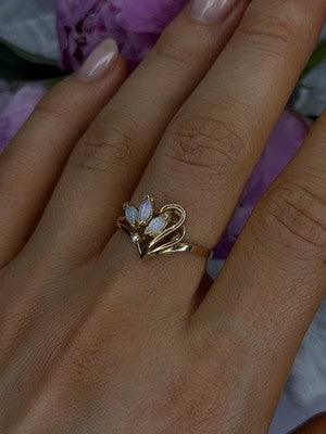Elegant 14K Yellow Gold Opal & Diamond Heart Motif Ring Size 8.5