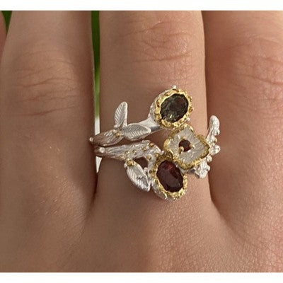 925 Sterling Silver Gold Plated Garnet & Alexandrite Ring Size 8.5
