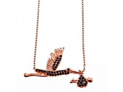 925 Sterling Silver Gold Plated Black Jade "Stork" Necklace Turkey