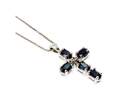 925 Sterling Silver Blue Spinel & Diamond Chain with Cross Italy