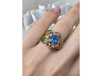 925 Sterling Silver Gold Plated Topaz, Peridot & Spinel "Flower" Ring Size 7.5