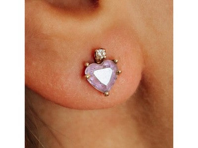14K Yellow Gold Amethyst & Diamonds "Hearts" Stud Earrings