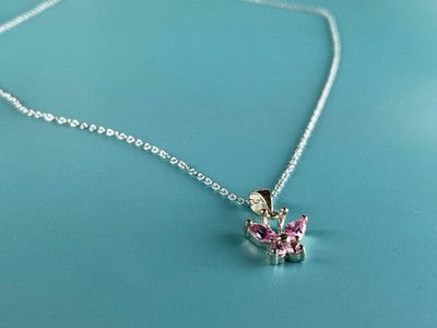 925 Sterling Silver Pink CZ "Butterfly" Chain With Pendant Italy