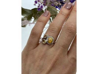 925 Sterling Silver Opal, Heliodor & CZ Ring Size 6