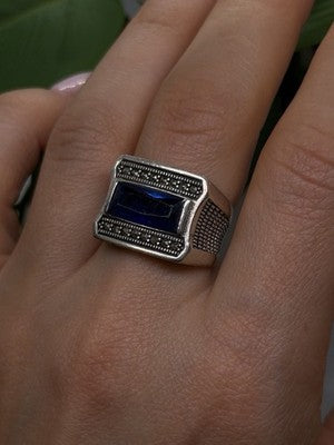 HarlemBling 925 Sterling Silver Sapphire & Marcasite Ring Size 8