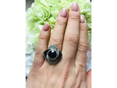925 Sterling Silver Black Jade & Marcasites Ring Size 6.5