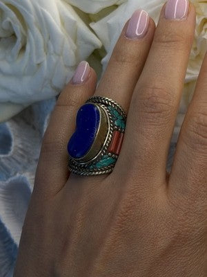 Vintage 925 Sterling Silver Lapis Lazuli Turquoise Coral Ring Size 7.5