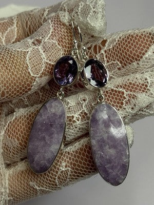 925 Sterling Silver Lepidolite & Amethyst Earrings Length 2.5 Inch