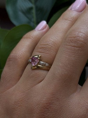 Romantic 10K Yellow Gold Pink Sapphire & Diamond Ring Size 7