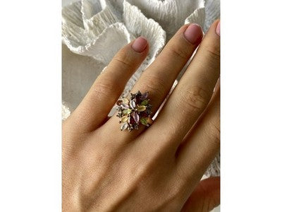 925 Sterling Silver Gold Plated Multi Gemstones "Flower" Ring Size 8