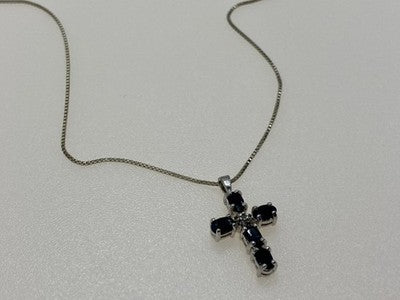925 Sterling Silver Blue Spinel & Diamond Chain with Cross Italy