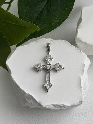 925 Sterling Silver Cz Cross Length 1.9 in