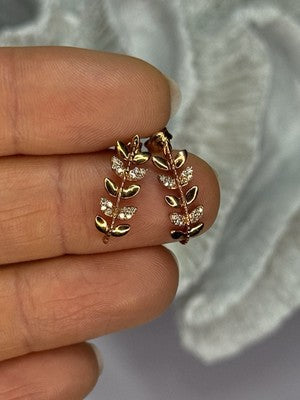 14K YELLOW GOLD DIAMONDS LEAF EARRINGS LENGTH 0.7 INCH