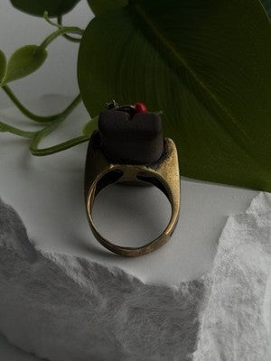 By Philippe Black Enamel & Red Bead Cherry 925 Sterling Silver Ring Size 8