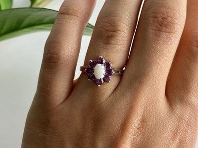 925 Sterling Silver Opal & Pink Spinel "Flower" Ring Size 7
