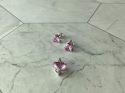 925 Sterling Silver Morganite and CZ "Hearts" Stud Earrings & Pendant Set