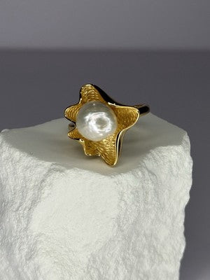 925 Sterling Silver  Gold Plated Pearl  "Ocean Mood" Ring Size Adjustable