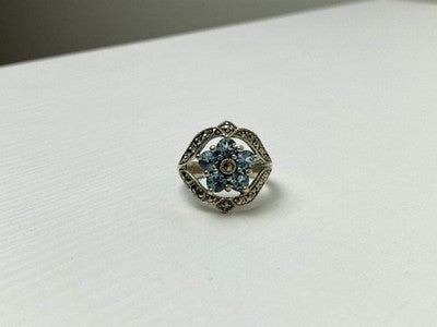 925 Sterling Silver Blue Topaz & Marcasites Ring Size 8