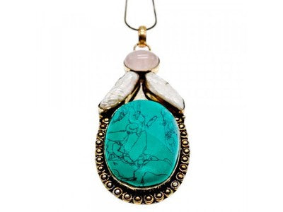 925 Sterling Silver Turquoise, Rose Quartz and Baroque Pearl Chain with Pendant
