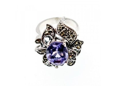 925 Sterling Silver Amethyst & Marcasites Ring Size 7