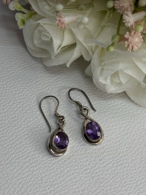 925 Sterling Silver Amethyst Earrings Length 1.20 Inch