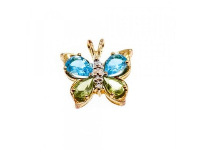 14K Yellow Gold Topaz, Peridot & Diamonds Butterfly Pendant