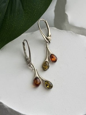 925 Sterling Silver Green & Orange Amber Earrings