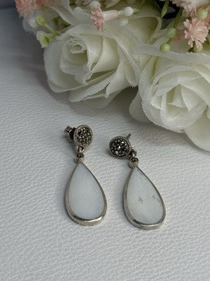 Vintage 925 Sterling Silver Abalone & Marcasite Earrings Length 1.60 Inch