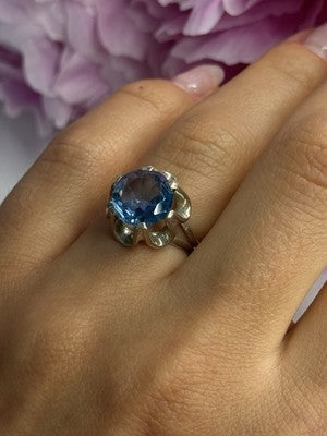 925 Sterling Silver Aquamarine Flower Ring Size 6