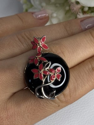 925 Sterling Silver Black Onyx & Red Enamel Flowers Pendant Length 1.40 Inch