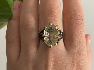 925 Blackened Silver With Gilding Green Amethyst & Heliodor Ring Size 9.75