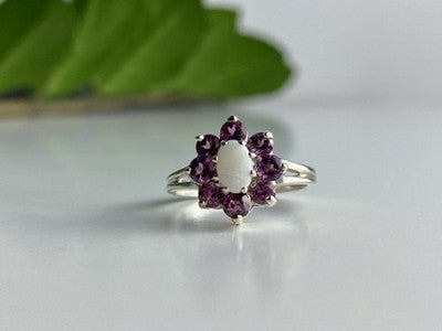 925 Sterling Silver Opal & Pink Spinel "Flower" Ring Size 7