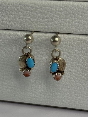 Vintage 925 Sterling Silver Turquoise & Carnelian Earrings Length 0.70 Inch