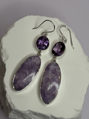 925 Sterling Silver Lepidolite & Amethyst Earrings Length 2.5 Inch