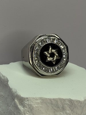 925 Sterling Silver Star of David Onyx & CZ Ring Size 9.5