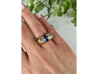 925 Sterling Silver Gold Plated Sapphires & CZ Ring Size 7