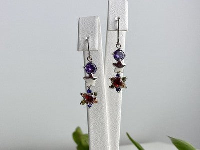 Dangle Earrings with Multicolor CZ  "Flowers & Stars"