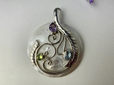925 Sterling Silver Topaz, Amethyst, Peridot, Mother OF Pearl Pendant