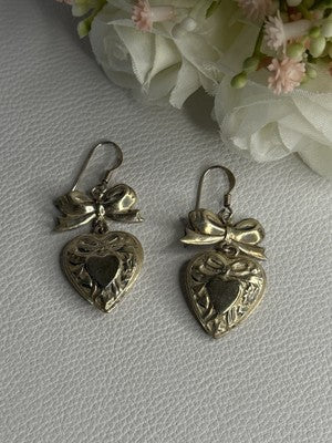 Vintage 925 Sterling Silver Heart Earrings Length 1.70 Inch