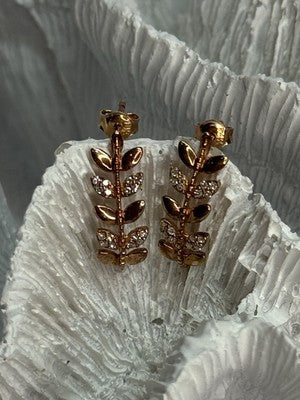 14K YELLOW GOLD DIAMONDS LEAF EARRINGS LENGTH 0.7 INCH
