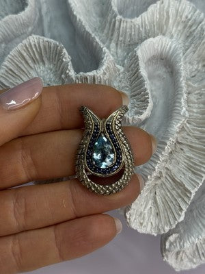 925 Sterling Silver 18k Yellow Gold Topaz & Sapphire Pendant Length 1.3 Inch